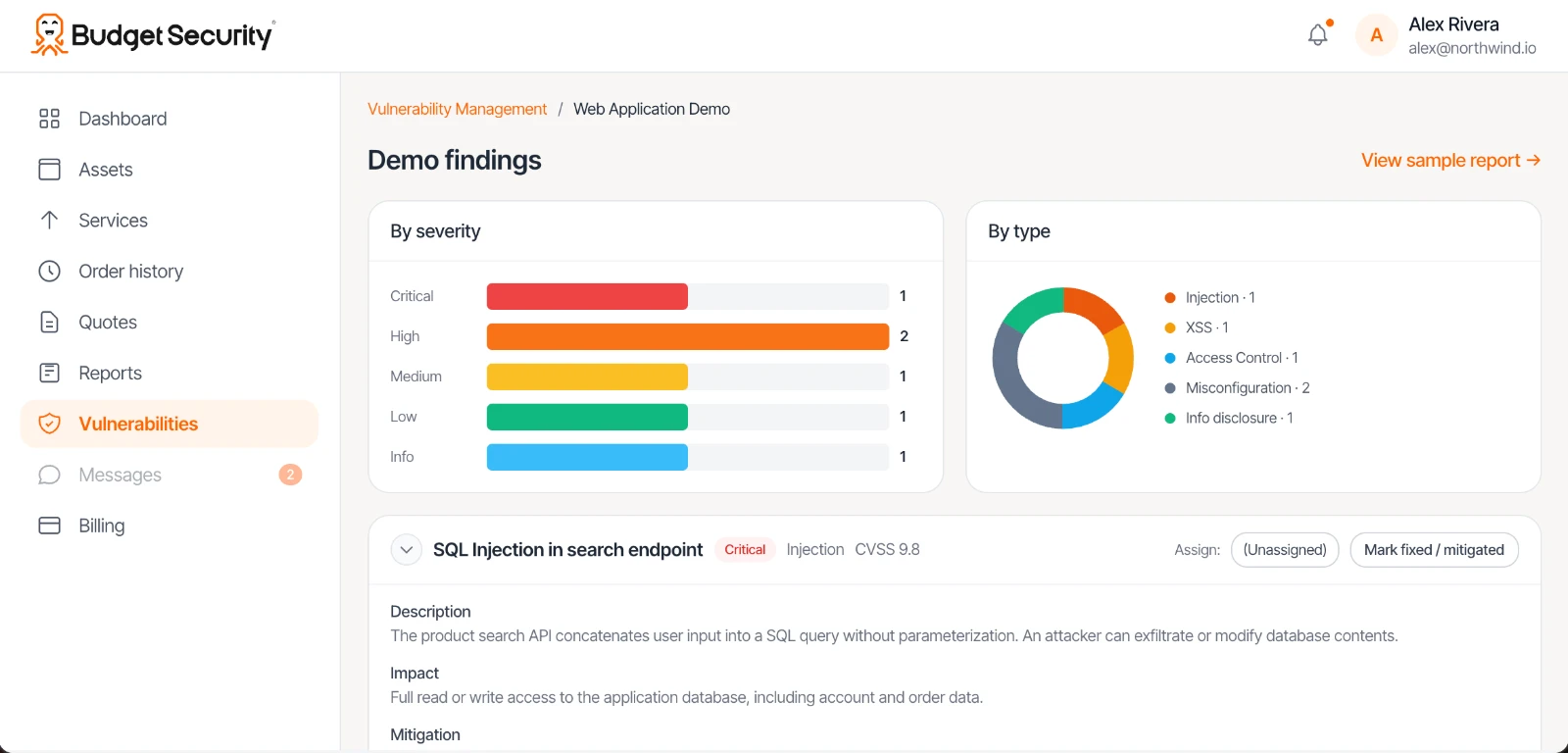 Budget Security portal: demo findings of a web application pentest, by severity and by type, with a critical SQL injection expanded